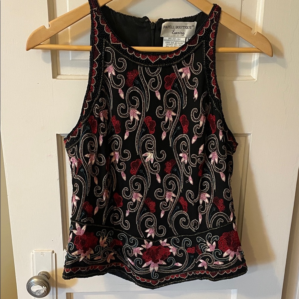 Black Embroidered and Beaded Vintage Silk Tank Top - Pink & Red Accents